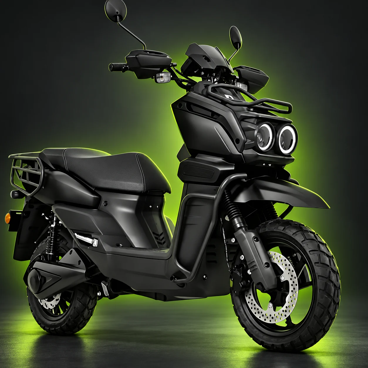 Scooter elétrica preta com faróis duplos